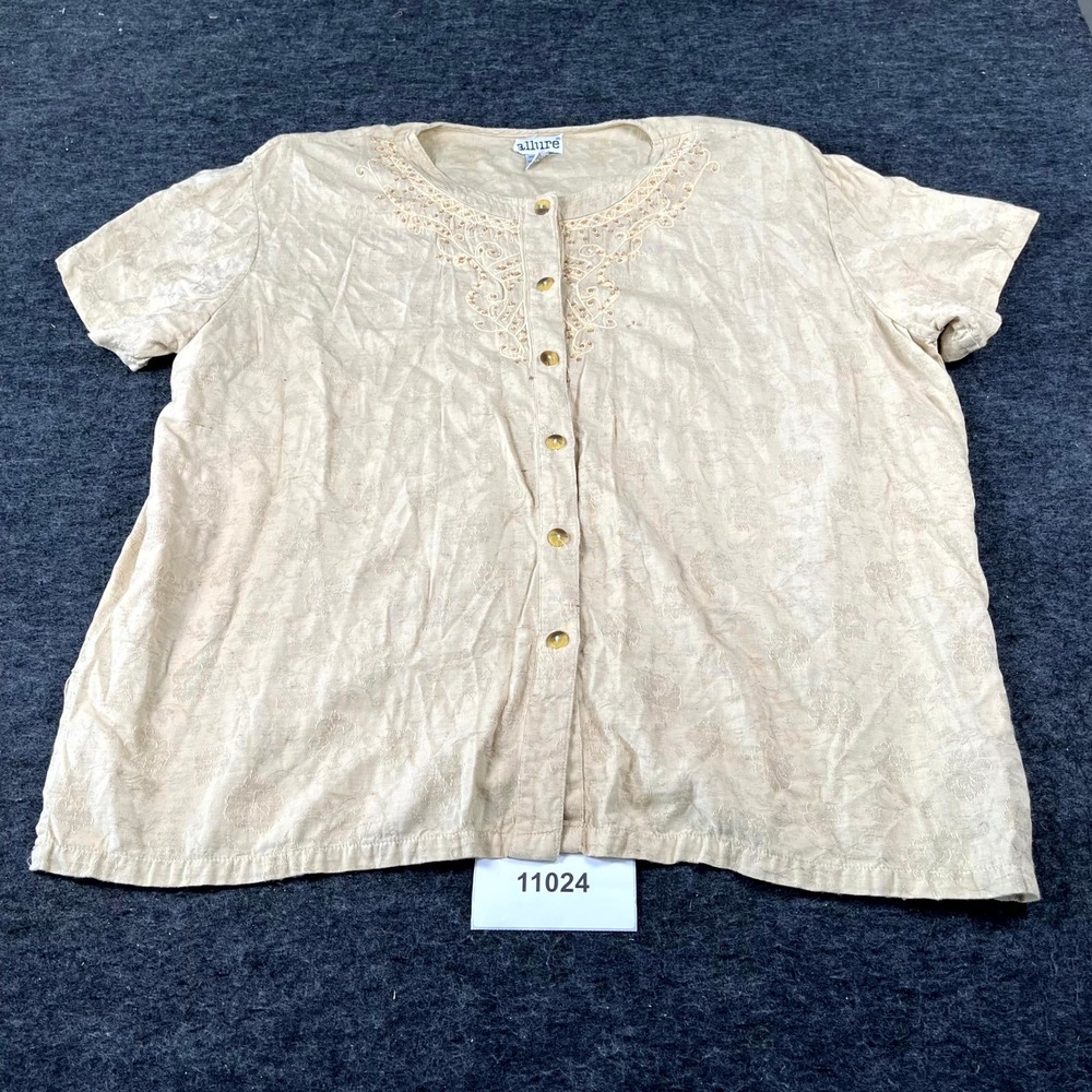 Plus Size Womens 3X Button Shirt Womens 3X Beige Embroidered Floral Rayon